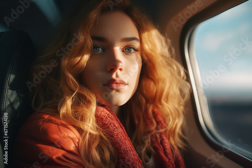 Generative AI picture portrait of traveler person inside modern airplane plane while flight looking illuminator © deagreez