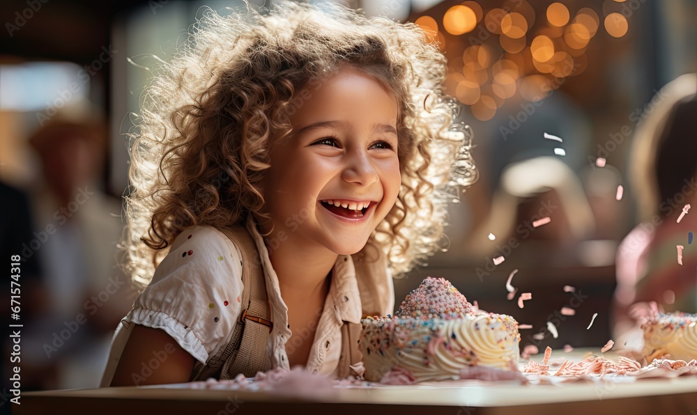 Szczęśliwa dziewczynka z kręconymi włosami zdmuchuje świeczki na torcie urodzinowym.  - obrazy, fototapety, plakaty 