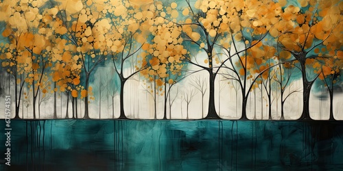 Abstrakcyjny obraz z jesiennym lasem i złotymi liśćmi drzew. 