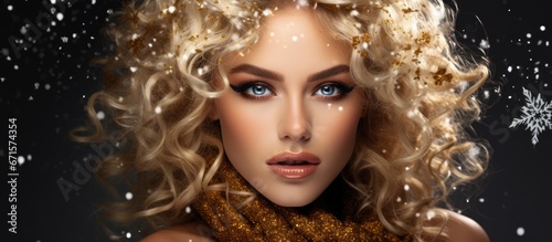 Winter makeup with golden snowflakes on her face and wavy hair creatively styled
