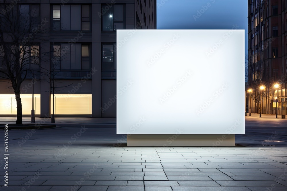Pusty biały billboard reklamowy z budynkami mieszkalnymi w tle.  - obrazy, fototapety, plakaty 