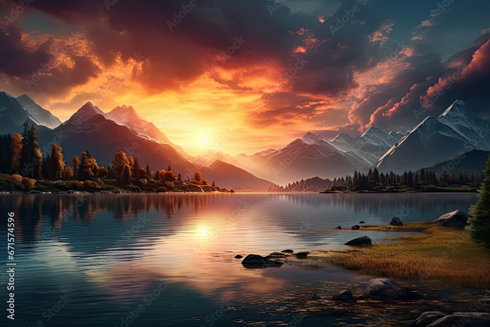 Obraz na płótnie Wschód słońca nad jeziorem w górach.  w salonie