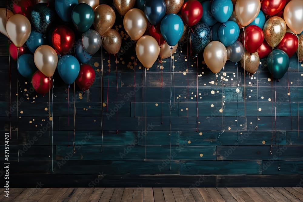Urodzinowe tło z kolorowymi balonami na tle niebieskiej ściany. - obrazy, fototapety, plakaty 