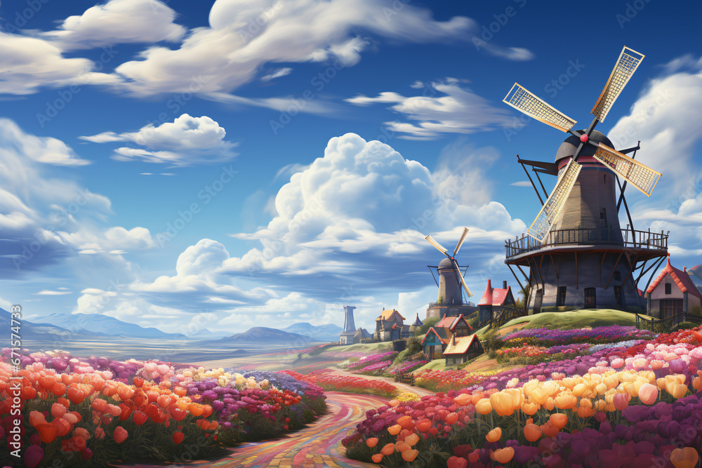 Panorama of landscape with blooming colorful tulip field, traditional dutch windmill and blue cloudy sky in Netherlands Holland , Europe - Tulips flowers background panoramic banner 