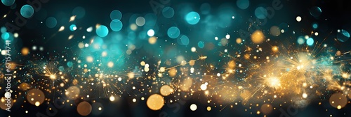 Złote i niebieskie konfetti na tle z pięknym bokeh. 