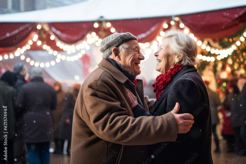 Beautiful senior couple dancing together on traditional Christmas market on winter evening. Elderly woman and man enjoying themselves in Christmas town decorated with lights. Beautiful senior couple dancing together on traditional Christmas market on winter evening. Elderly woman and man enjoying themselves in Christmas town decorated with lights.