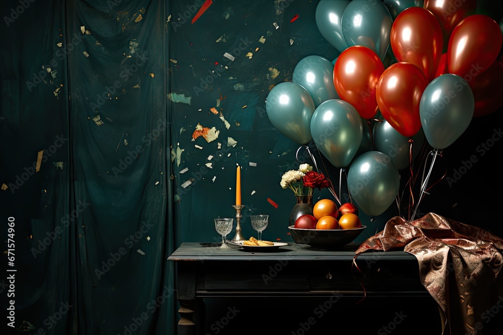 Konfetti i balony urodzinowe na ciemnym tle.  - obrazy, fototapety, plakaty 