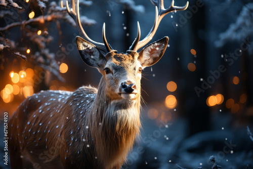 Mystic Christmas reindeer in wonderful winter forest. Stag among snowy trees on magical Christmas night.