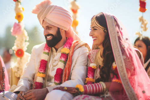 Indian bride and groom at amazing hindu wedding ceremony. Details of traditional indian wedding. Beautifully decorated hindu wedding accessories. Indian marriage traditions. photo