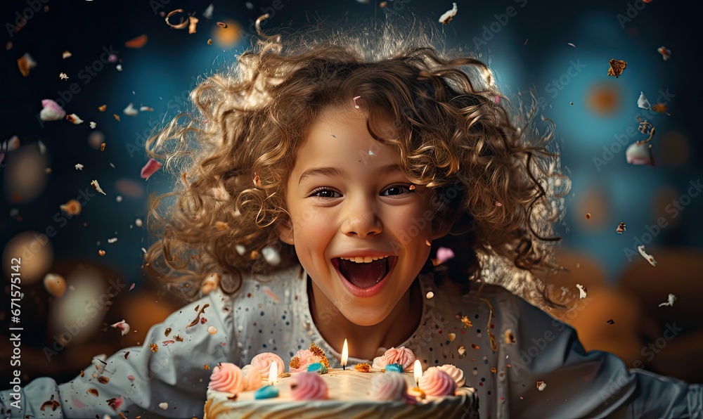 Szczęśliwa uśmiechnięta dziewczynka z tortem urodzinowym.  - obrazy, fototapety, plakaty 