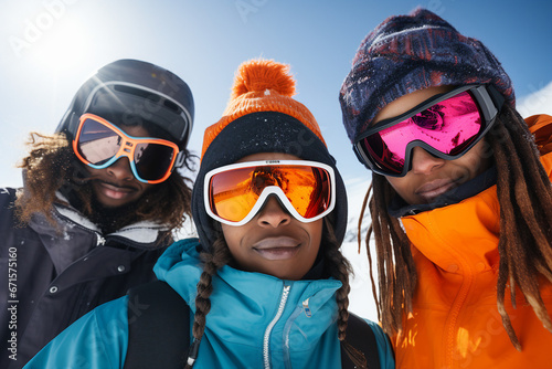 Generative AI picture three buddies making selfies wintertime activity snowboarding hiking mountain climbing
