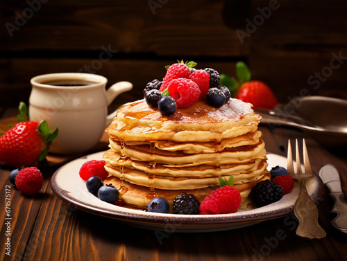 Delicious Pancakes with berries on a wooden table - ai generative