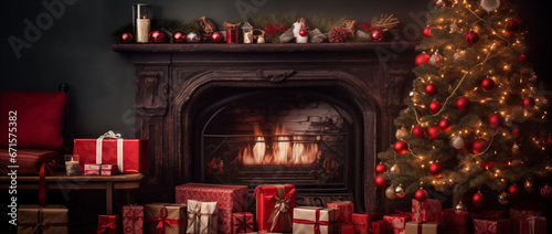 fireplace with christmas decorations on christmas eve