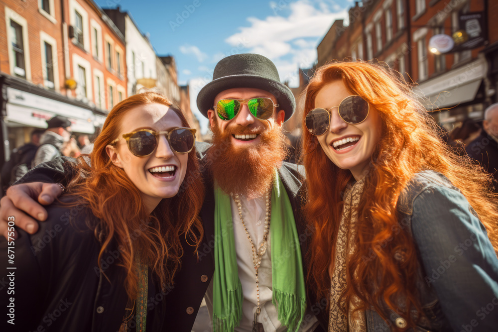 Beautiful young cheerful friends wearing green clothes and accessories participating in traditional Saint Patrick's Day parade in Irish town.