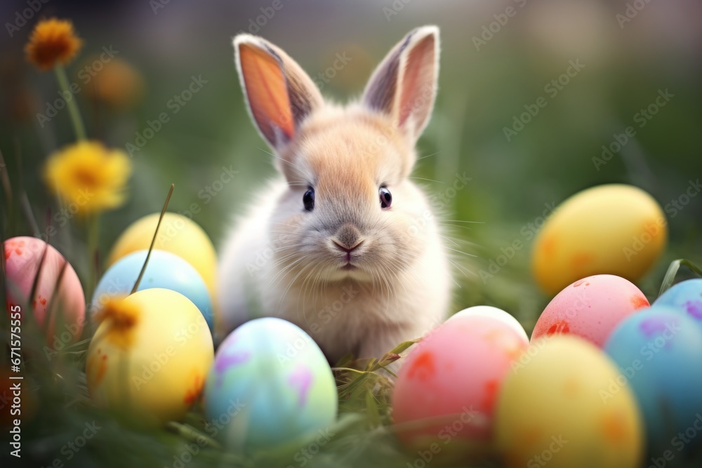 Cute Easter rabbit with decorated eggs and spring flowers on green spring landscape. Little bunny in the meadow. Happy Easter greeting card, banner, border