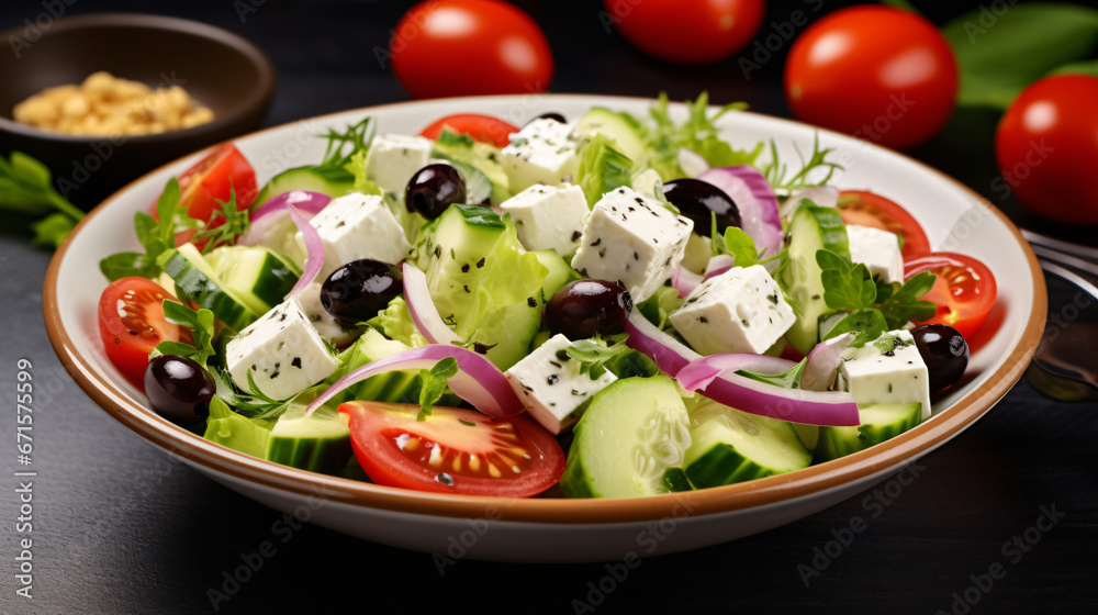 
Salad with cheese and fresh vegetables.