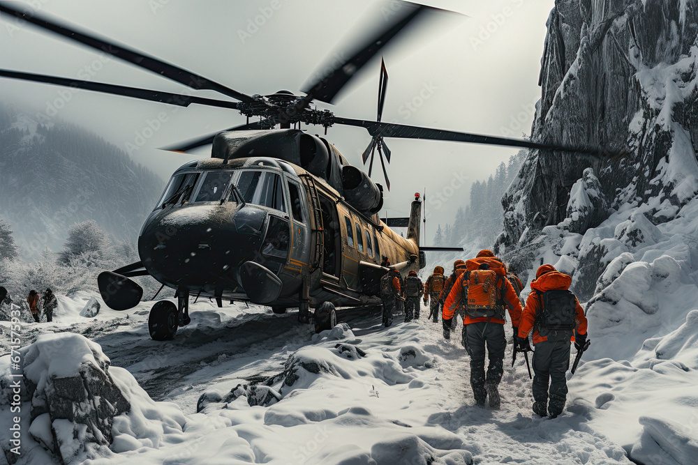 Obraz premium people climb snowy mountain road near rescue helicopter,