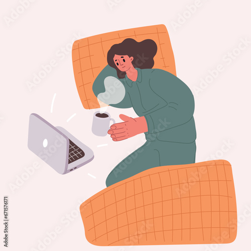 View from top happy attractive woman taking off pink sleep mask having charming toothy wide smile pose look at camera feels refreshment after enough night sleep, nap lying in home or hotel bed concept