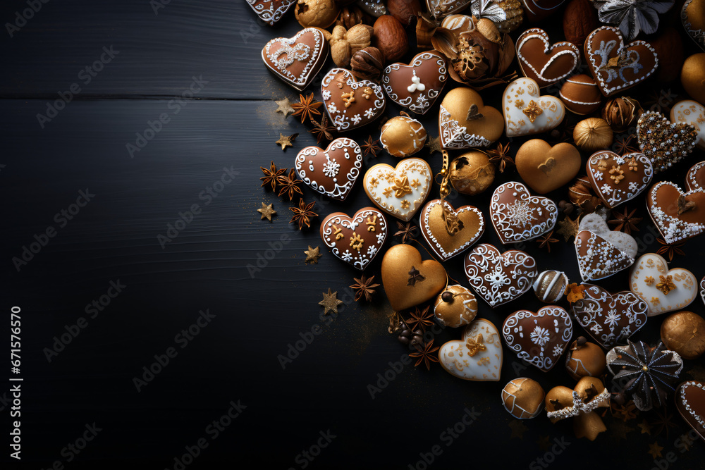 Obraz premium Christmas food bakery bake baking photography background - Closeup of many gingerbread heart cookies, on dark black concrete table, top view 