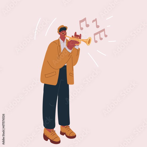A man in a suit with a hat playing a trumpet isolated on white background