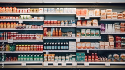supermarket aisle with colorful shelves in shopping mall interior for background, Blurred background.