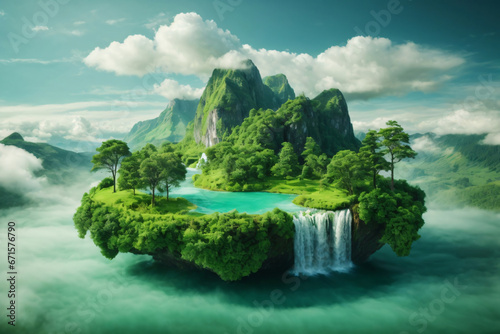 Flying green forest land with trees, green grass, mountains, blue water and waterfalls isolated with clouds. Floating island with greenery and beautiful landscape scenery Generative Ai