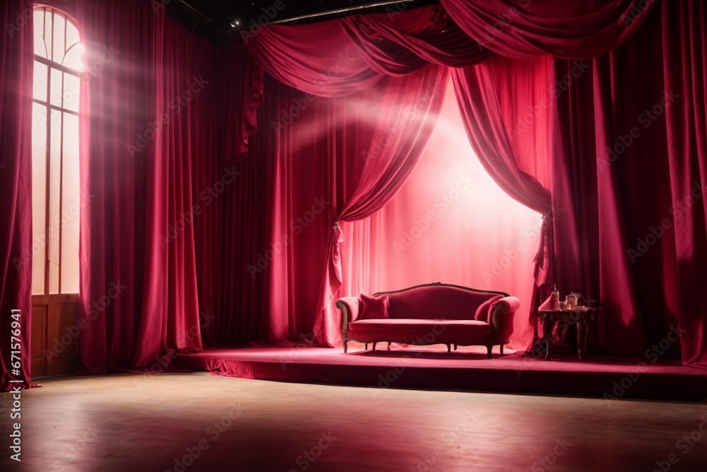 Stage with hot pink curtains and spotlights. Stage background. 3d render
