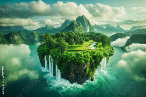 Flying green forest land with trees, green grass, mountains, blue water and waterfalls isolated with clouds. Floating island with greenery and beautiful landscape scenery Generative Ai © Abdul