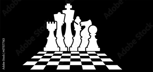 Chess pieces tower horse bishop, king queen Chess Board Setup Vector icon or symbol pieces Flat style the starting positions figures pieces. Chess day. Silhouette checker board. Square checker