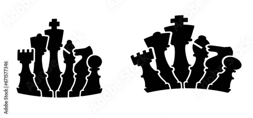 Chess pieces tower horse bishop, king queen Chess Board Setup Vector icon or symbol pieces Flat style the starting positions figures pieces. Chess day. Silhouette checker board. Square checker