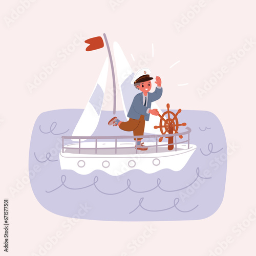 A little boy standing at a handwheel of the yacht