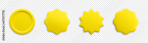 Vector 3d empty gold stickers set. Trendy golden realistic starburst price tag, round badge warranty sign, plastic wavy quality mark on transparent background. 3d render metallic certificate badges.