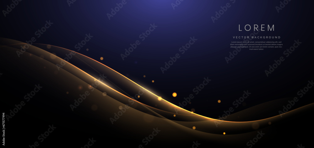 Gold curved ribbon on dark blue background with lighting effect and sparkle with copy space for text. Luxury design style. Gold curved ribbon on dark blue background with lighting effect and sparkle with copy space for text. Luxury design style.