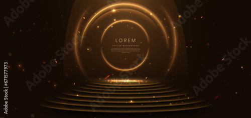 Abstract gold circle and star lighting effect dot neon gold light sparkle on on dark brown background. Luxury stage design.