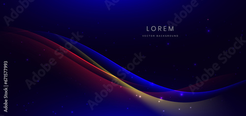 Abstract technology futuristic curved glowing blue and red light lines with speed motion blur effect on dark blue background.