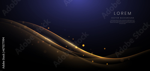 Gold curved ribbon on dark blue background with lighting effect and sparkle with copy space for text. Luxury design style.
