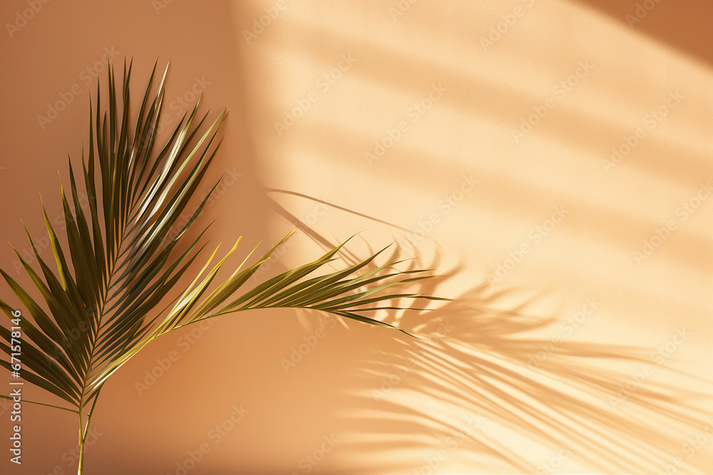 The palm plant tree and its leaves shadow on the bright orange color wall, Generative AI. The palm plant tree and its leaves shadow on the bright orange color wall, Generative AI.