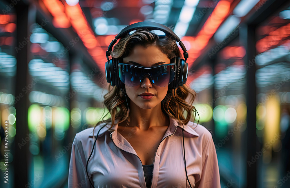 Woman wearing a VR headset, neon lights, virtual reality 3d, modern futuristic technology