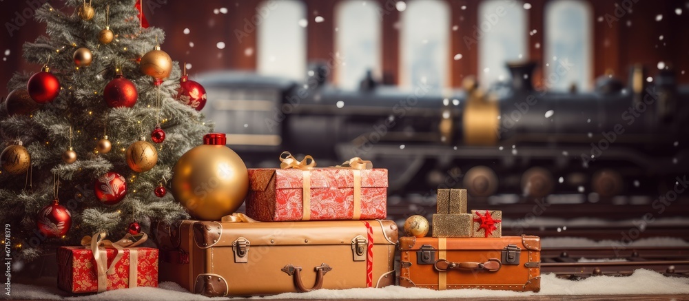 Travel themed Christmas background with focused holiday elements
