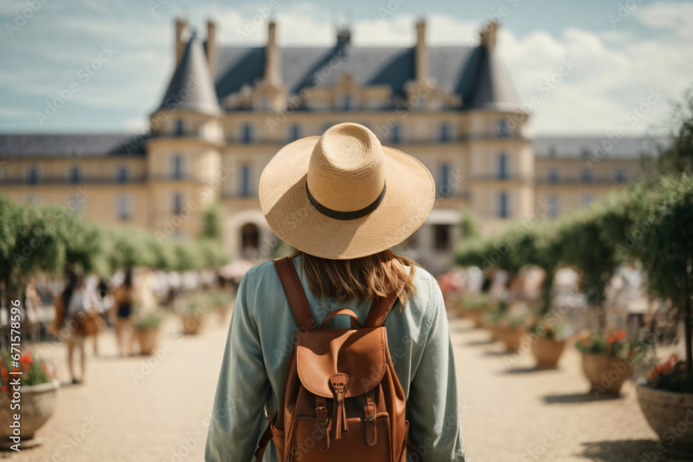 Back view of Tourist woman with hat and backpack at vacation in France, Wanderlust concept Generative Ai