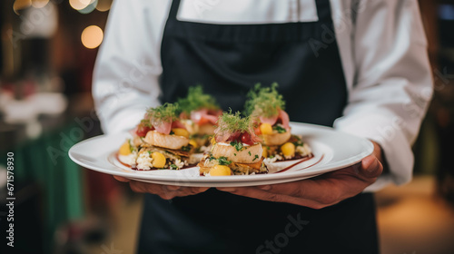 Chef holding gourmet dish food. Generative AI.