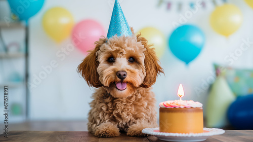 Happy cute Toy Poodle dog wearing a party hat celebrating birthday party with a cake. Generative AI.