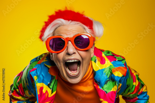 Colorful elderly woman dressed youthfully, expressive with sunglasses photo