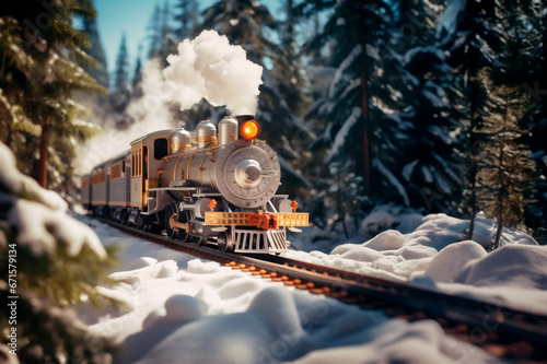 magical Christmas train travels through a snowy landscape among forests and mountains.