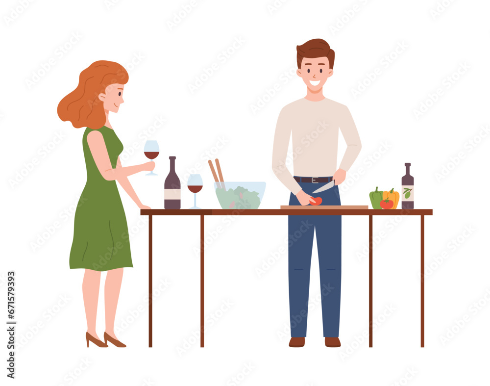 Cartoon man cuts vegetables for salad, woman drinking wine, couple enjoying cooking food together vector