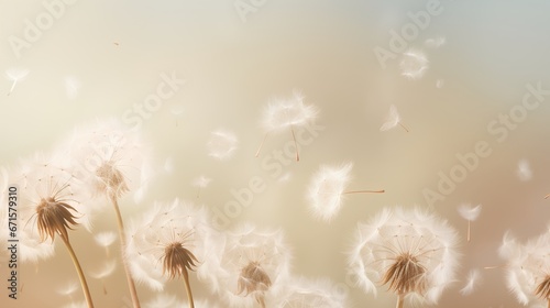 Dandelion fluff background for aesthetic minimalism style background. Beige, neutral and pastel color wallpaper with elegant and light flying fluffs. Fragile and lightweight. photo