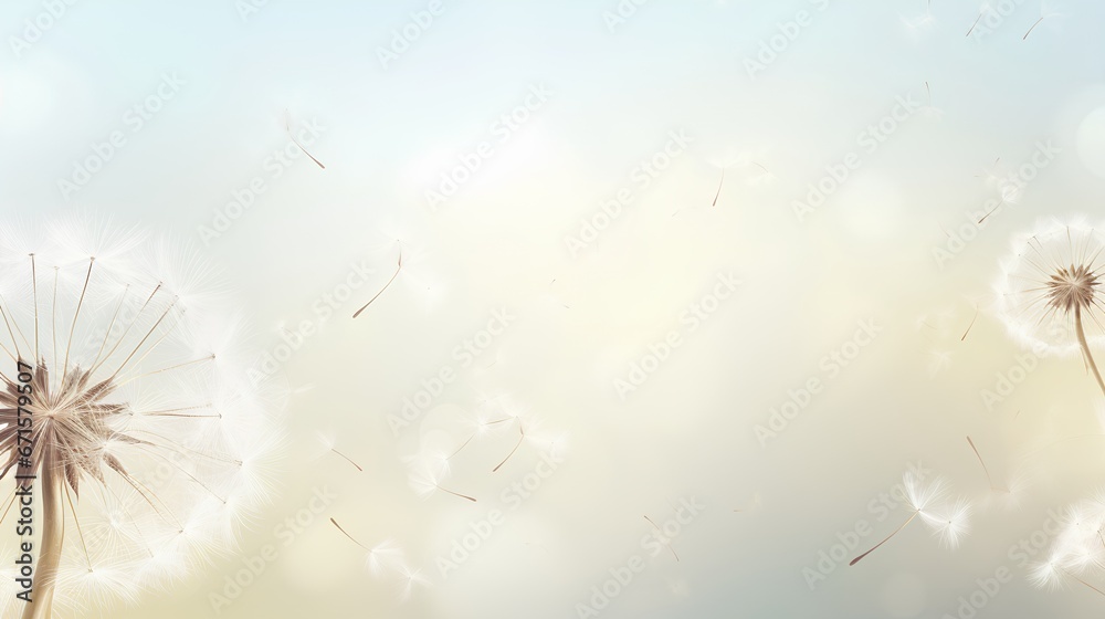 Obraz premium Dandelion fluff background for aesthetic minimalism style background. Neutral and pastel color wallpaper with elegant and light flying fluffs. Fragile, lightweight and beautiful nature backdrop.