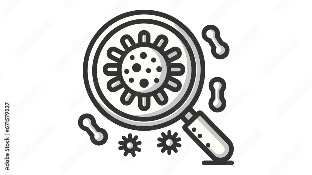 Vector icon illustrating a magnifying glass focused on a virus particle with bacteria icons nearby Vector icon illustrating a magnifying glass focused on a virus particle with bacteria icons nearby