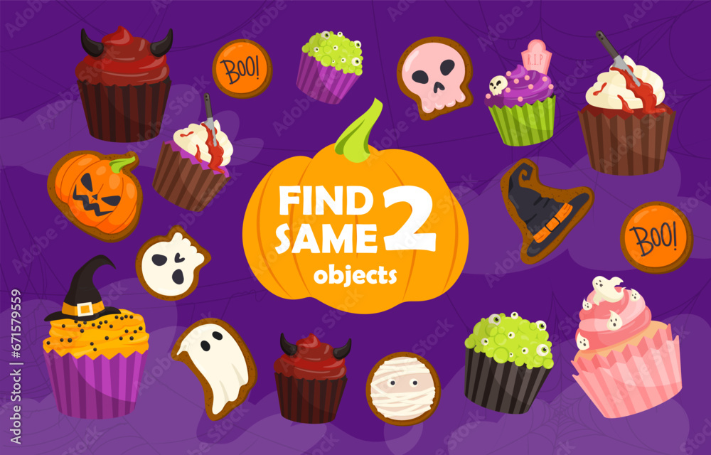 Find two same halloween concept. Holiday of fear and horror. Spooky stickers with characters. Puzzle and riddle for kids. Cartoon flat vector collection isolated on violet background