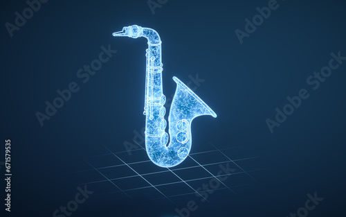 Canvas Print Saxophone with blue technology structure, 3d rendering.